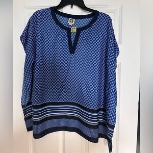 Anne Klein Kaftan Tunic Top Blouse Size XL Geo Pattern Relaxed Blue Hardware